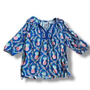 Crown & Ivy Blue V-Neck Blouse w/ Pineapple Print, Keyhole Back, 3/4 Sleeve, L
